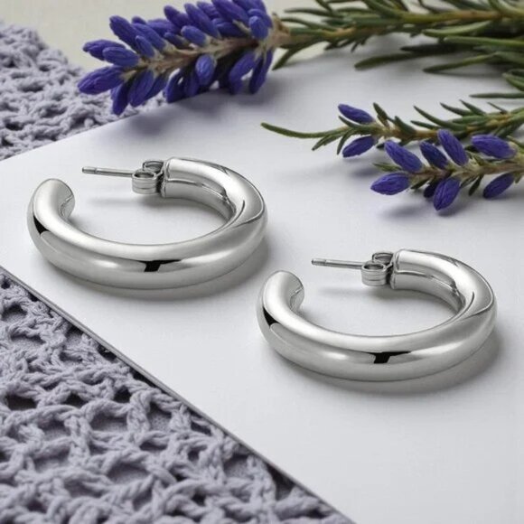 Chunky C Hoop Earrings 18K White Gold Plated Stainless Steel Minimalist - Picture 11 of 15